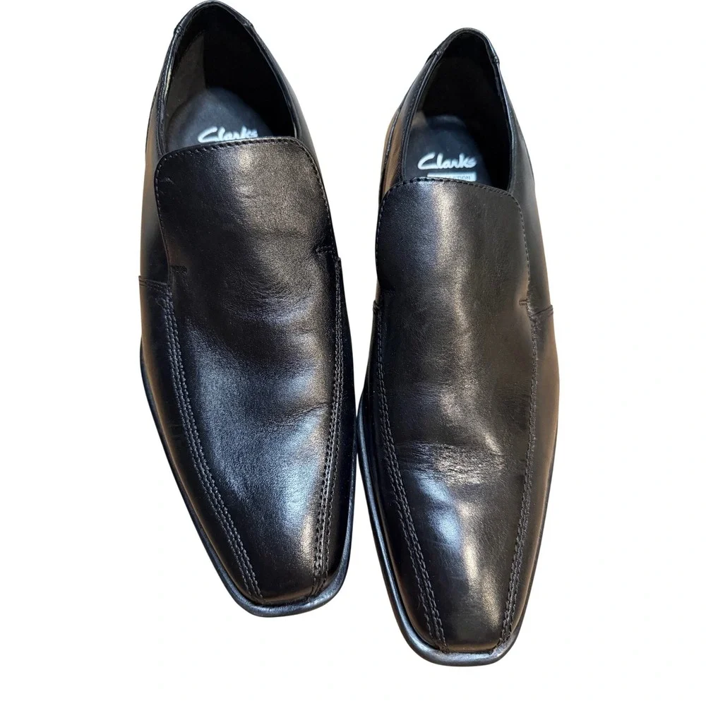 Clarks Collection Mens Black Leather Slip On Square Toe Dress Shoes 7.5M